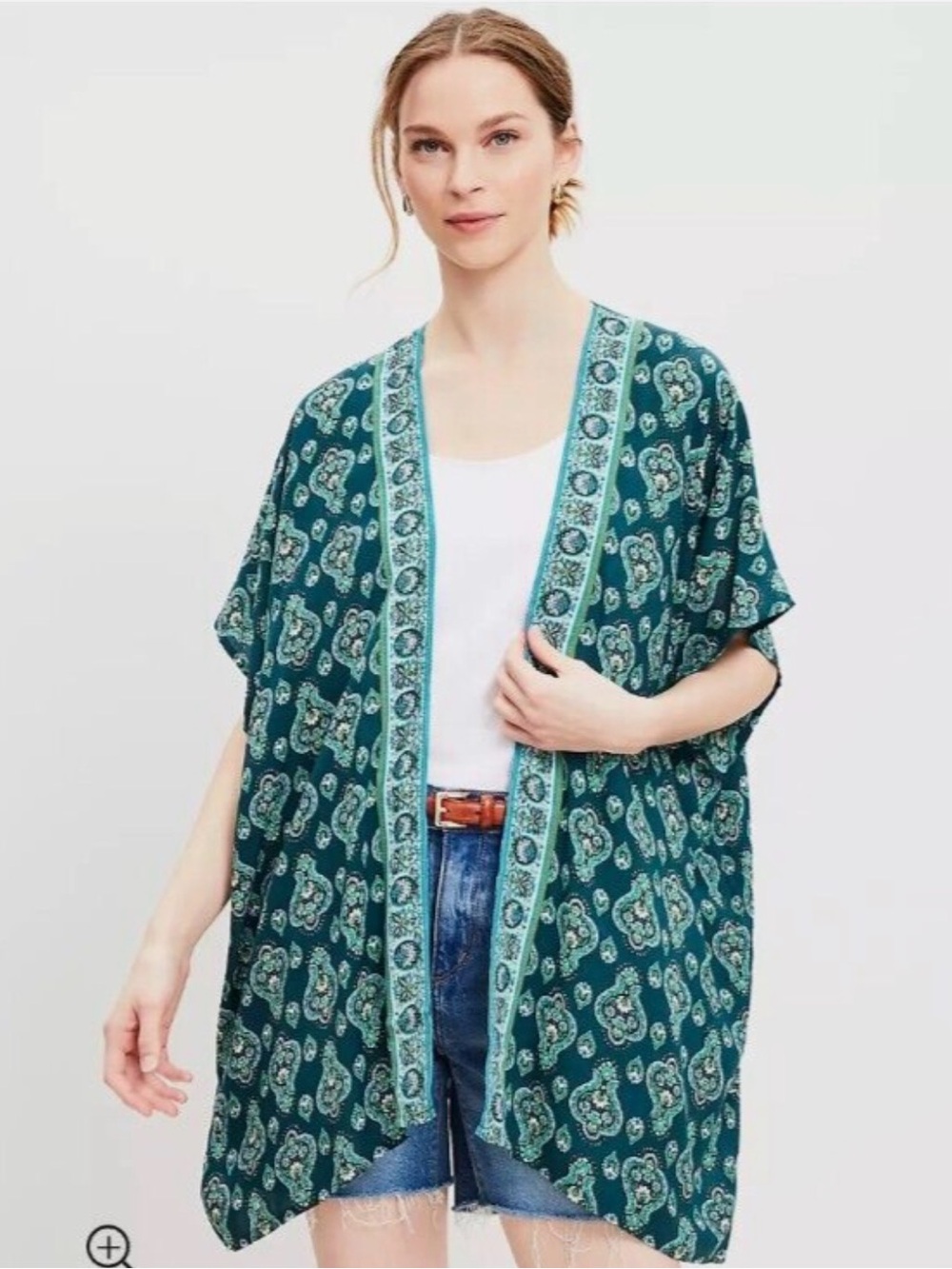 LOFT Women's Green Multi MedallionPrint Lightweight Open-Front Kimono S/XS